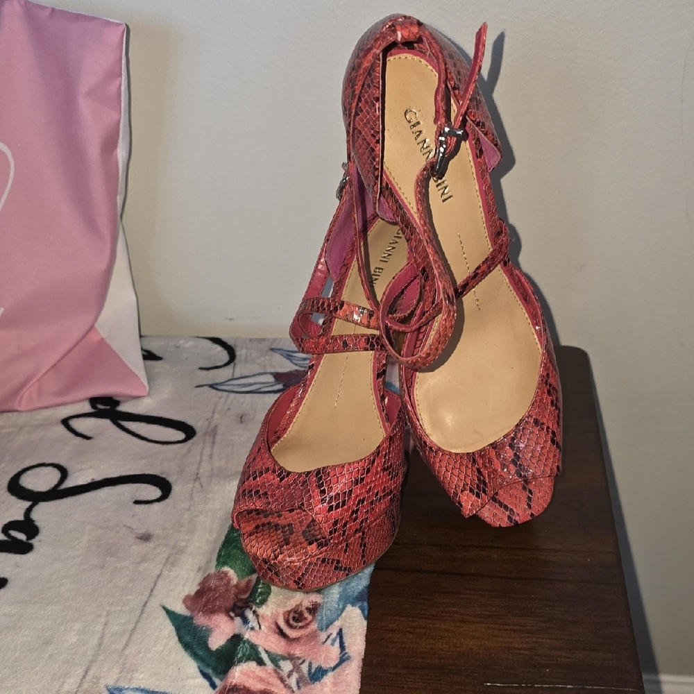 Gianni Bini Pink Snake-Print Ankle-Strap Heels